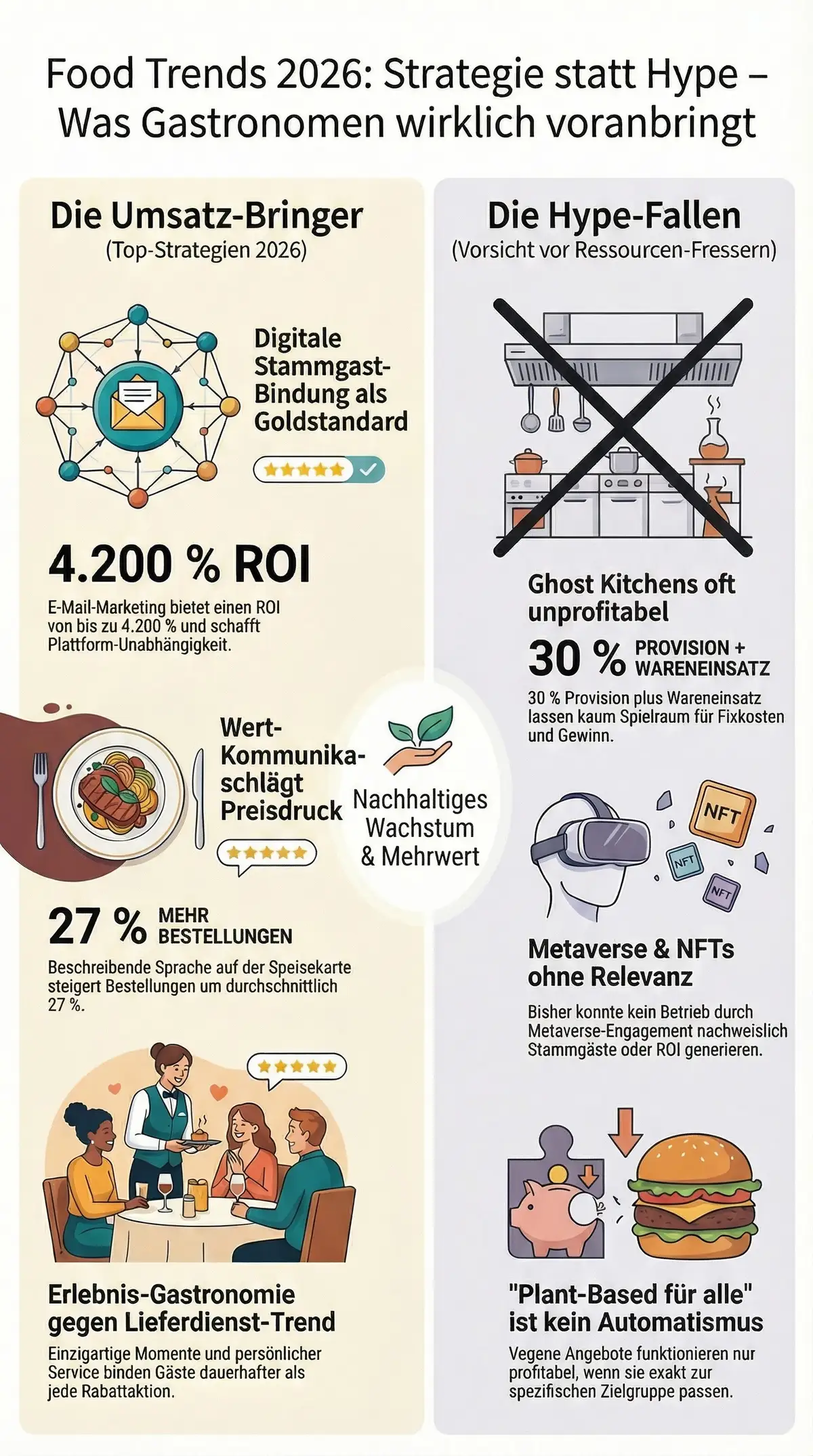 Food Trends 2026 Infografik: Strategie statt Hype – Umsatz-Bringer und Hype-Fallen für Gastronomen