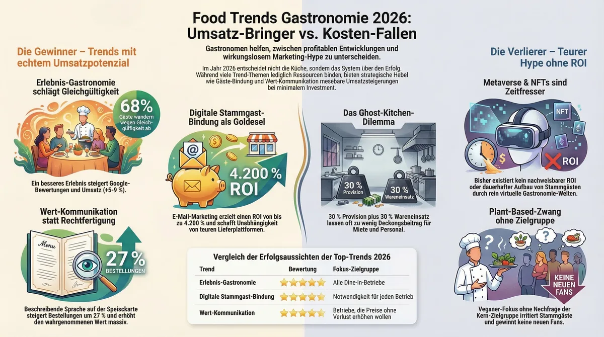 Infografik Food Trends Gastronomie 2026: Umsatz-Bringer vs. Kosten-Fallen im Überblick