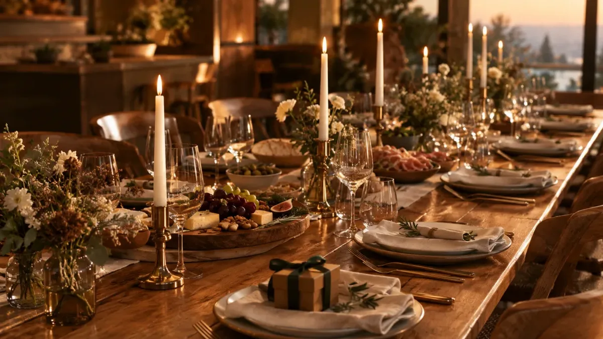 Festlich gedeckte lange Tafel im Restaurant für eine Feier mit Kerzen und Geschenk