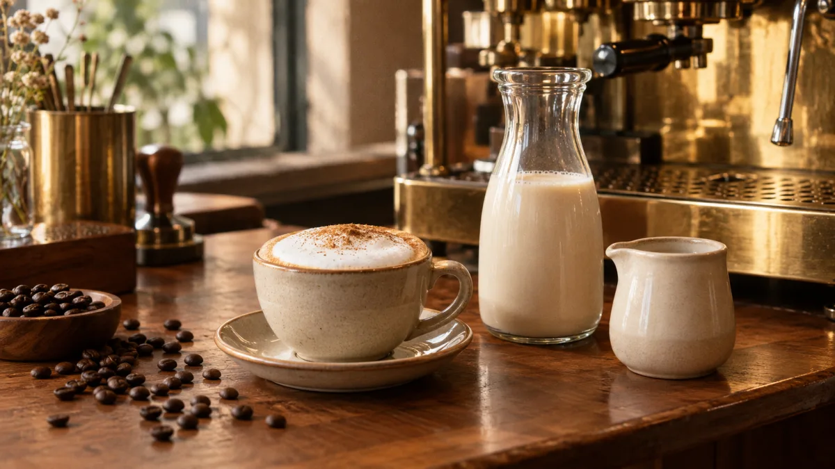 Cappuccino mit Haferdrink-Schaum und Karaffen mit Pflanzendrinks auf der Kaffeebar