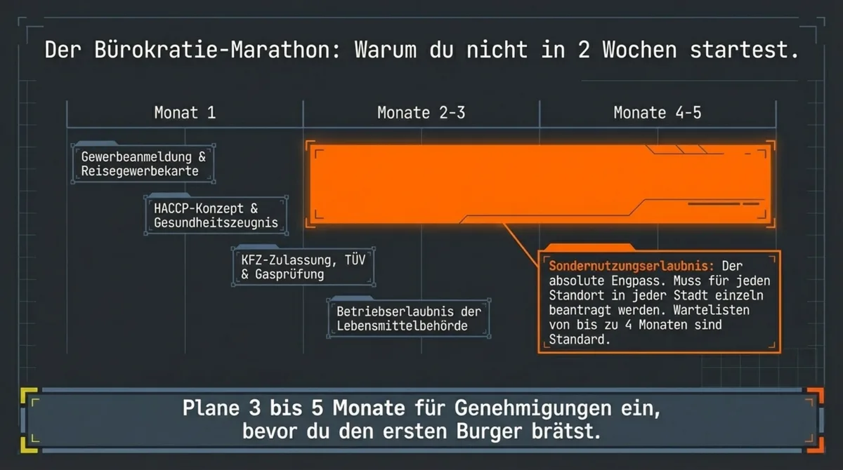 Zeitplan Food Truck Genehmigungen: Gewerbeanmeldung, HACCP, KFZ-Zulassung, Sondernutzungserlaubnis – 3 bis 5 Monate