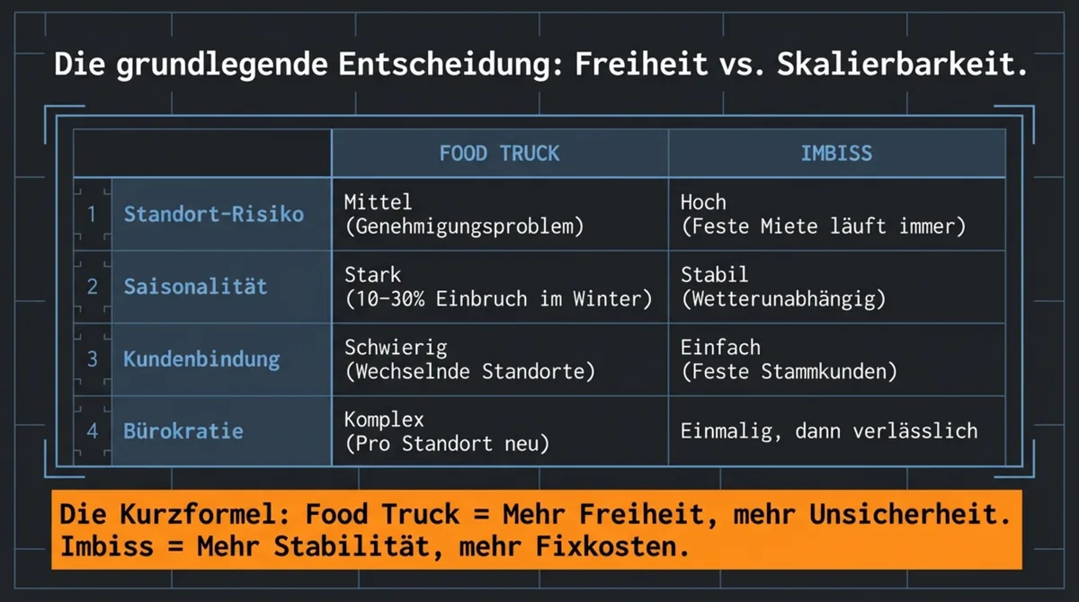 Vergleichstabelle: Food Truck vs. Imbiss – Standort-Risiko, Saisonalität, Kundenbindung, Bürokratie