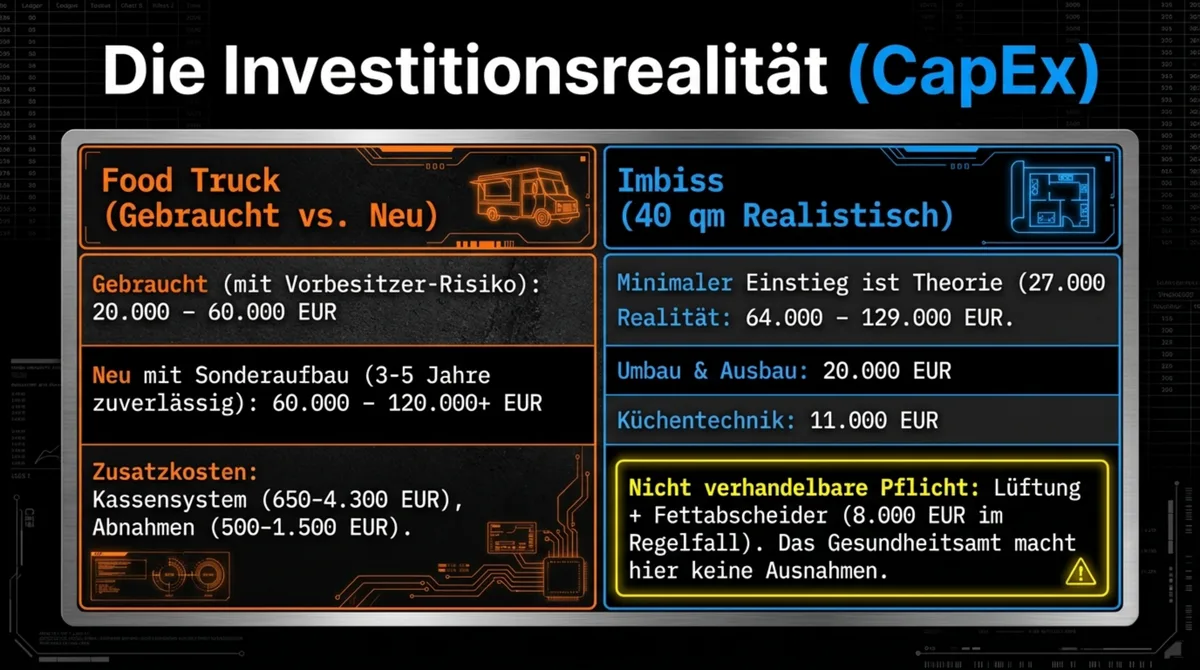 Food Truck vs. Imbiss Investitionskosten – CapEx-Vergleich: Gebraucht, Neu und stationärer 40qm-Imbiss