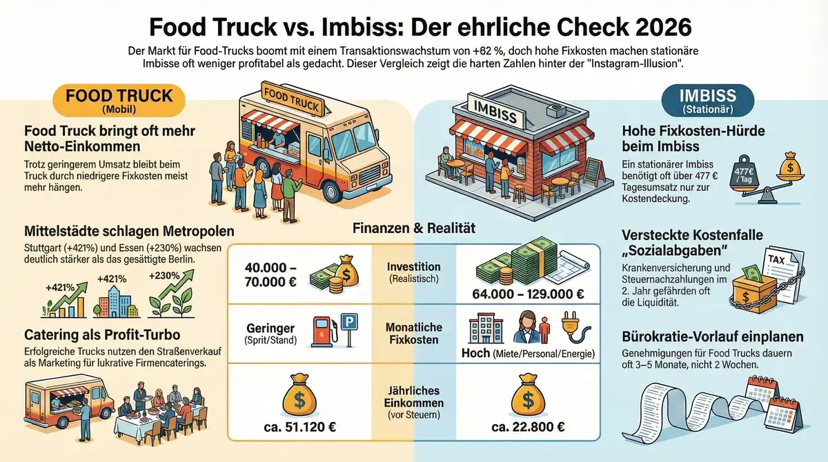 Infografik: Food Truck vs. Imbiss Zahlenvergleich 2026 – Investition, monatliche Fixkosten, jährliches Einkommen