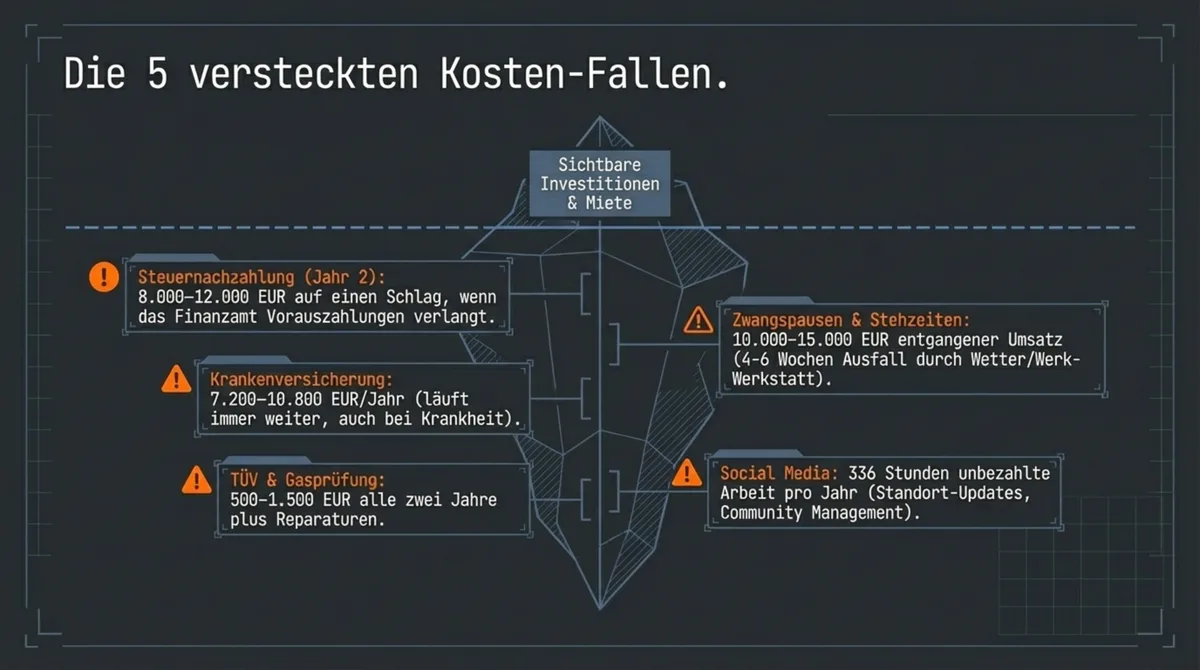Eisberg-Grafik: 5 versteckte Kosten beim Food Truck – Steuernachzahlung, Krankenversicherung, TÜV, Zwangspausen, Social Media