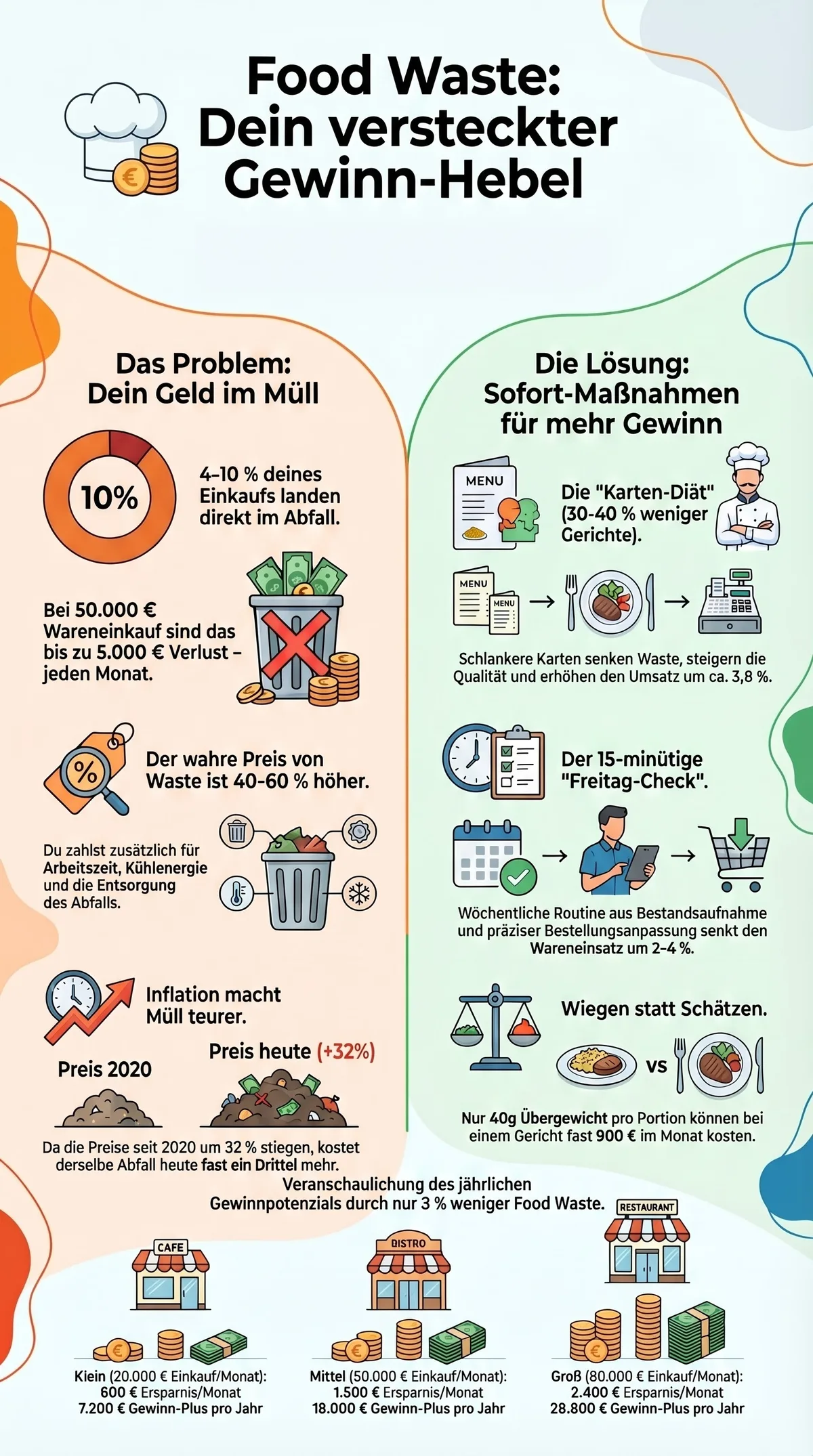 Food Waste Restaurant Gewinn-Hebel Infografik: Einsparpotenzial von 7.200 bis 28.800 EUR pro Jahr