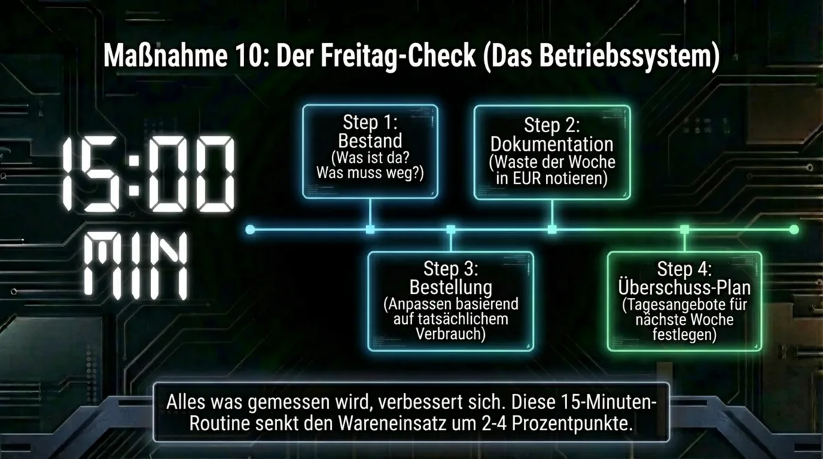 Freitag-Check Food Waste System Restaurant: 15-Minuten-Routine senkt Wareneinsatz um 2-4 Prozentpunkte