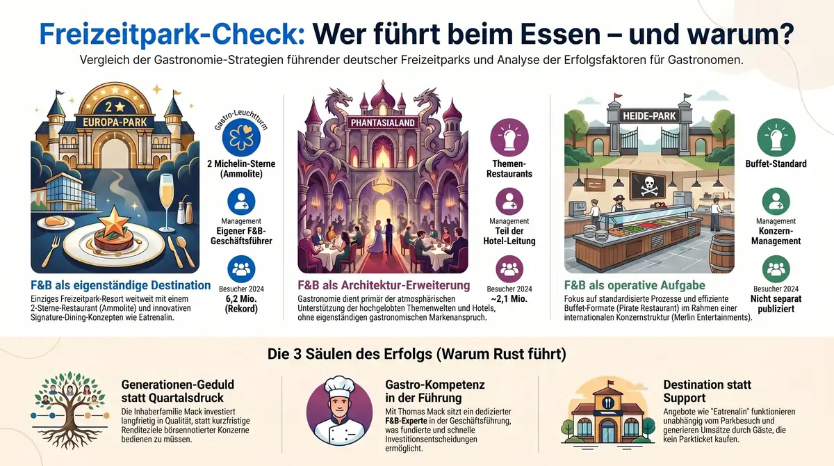 Freizeitpark-Gastronomie-Check: Europa-Park, Phantasialand und Heide-Park im direkten Vergleich – Eigentümer, Management, Michelin-Sterne, Signature-Dining