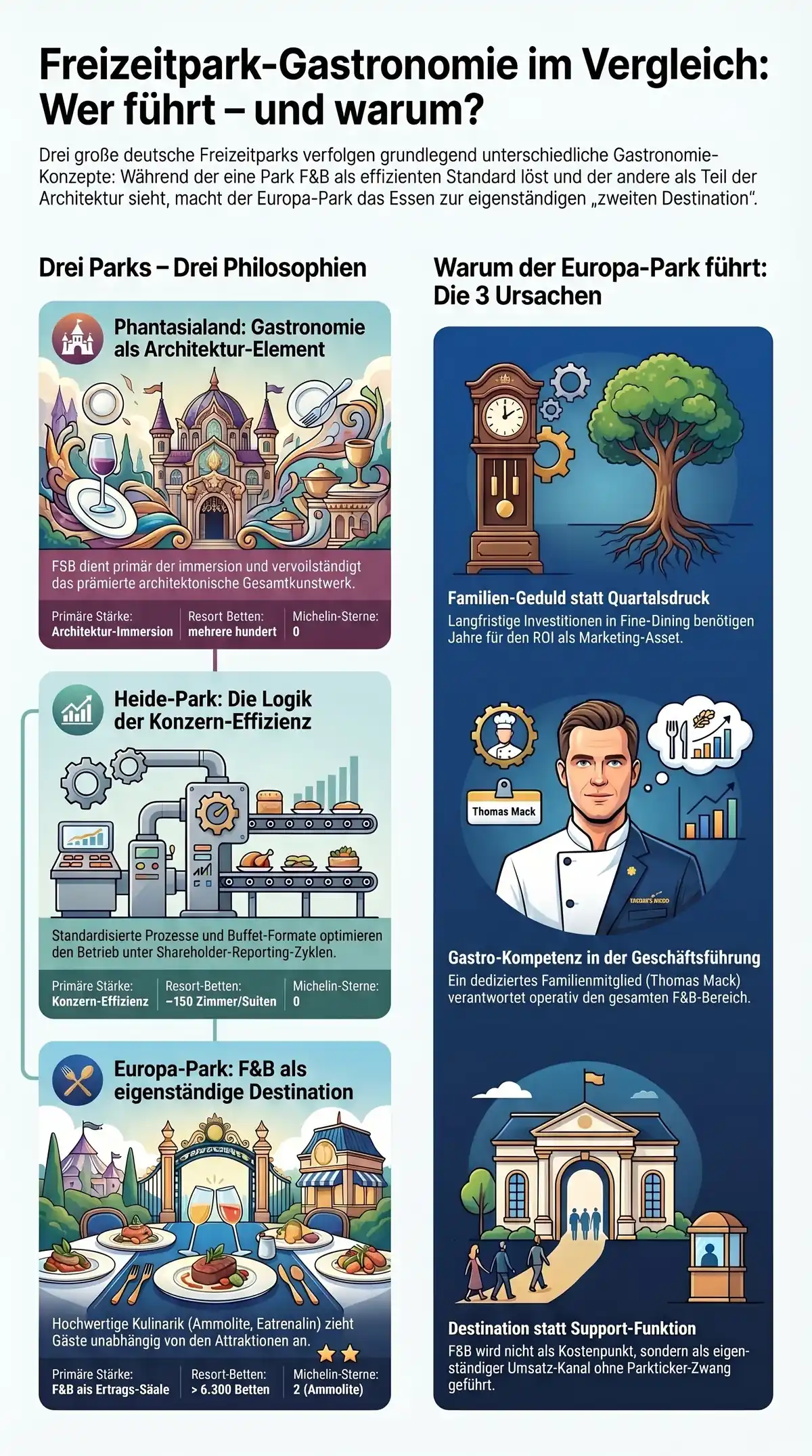 Freizeitpark-Gastronomie im Vergleich: Phantasialand, Heide-Park, Europa-Park – drei F&B-Philosophien und drei strukturelle Ursachen des Unterschieds