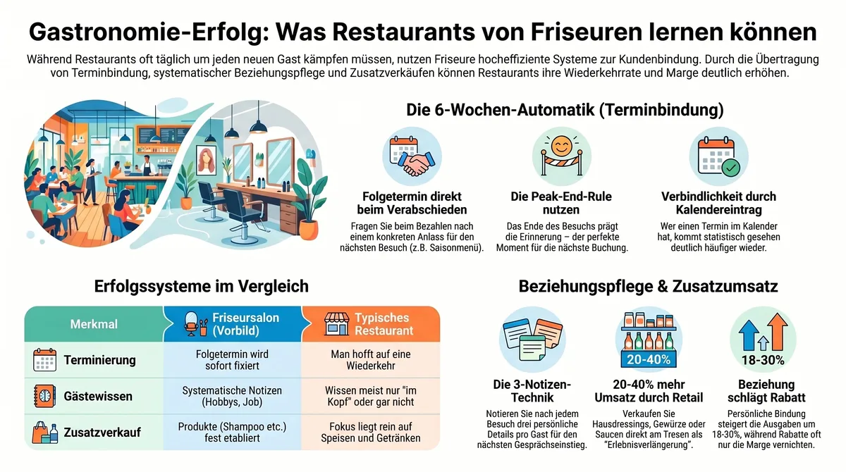 Infografik: Was Restaurants von Friseuren lernen können – 6-Wochen-Automatik, Stammfriseur-Prinzip und Zusatzumsatz im Überblick