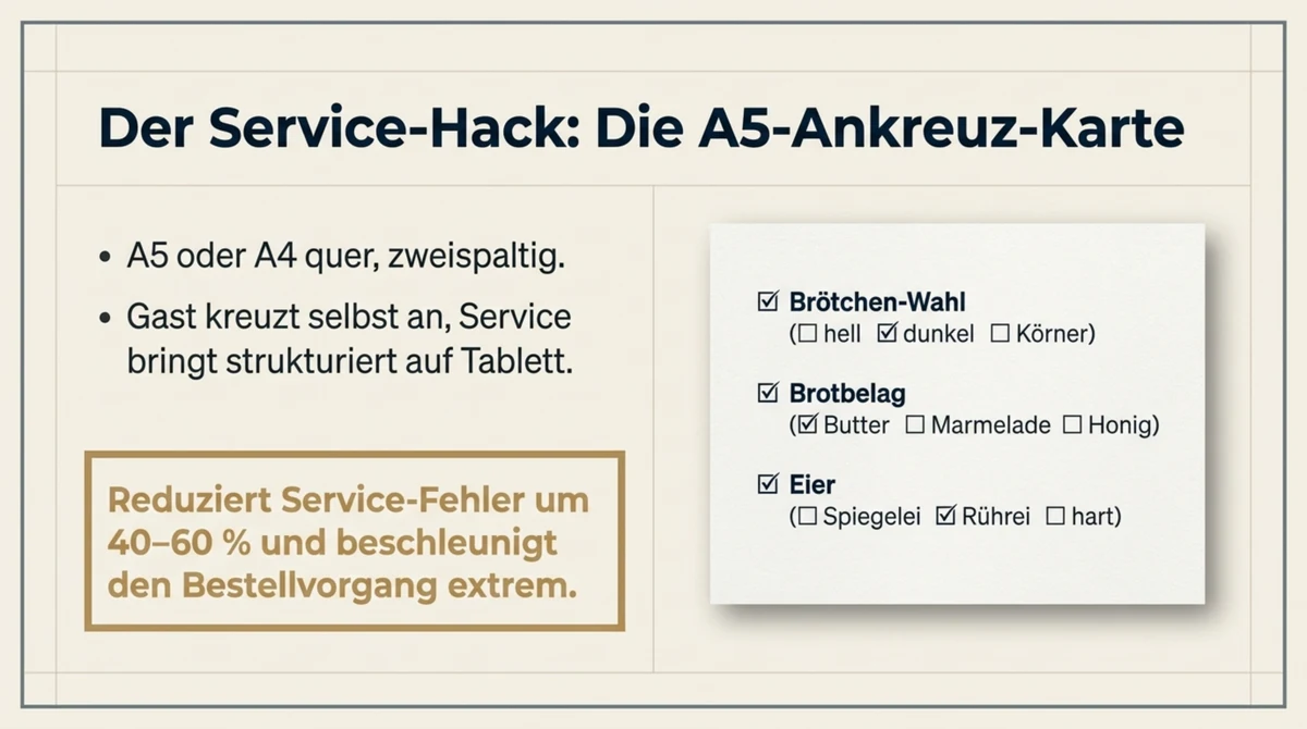 Frühstückskarte Ankreuz-Vorlage A5 für Restaurants: Gast kreuzt selbst an, Service bringt strukturiert auf Tablett
