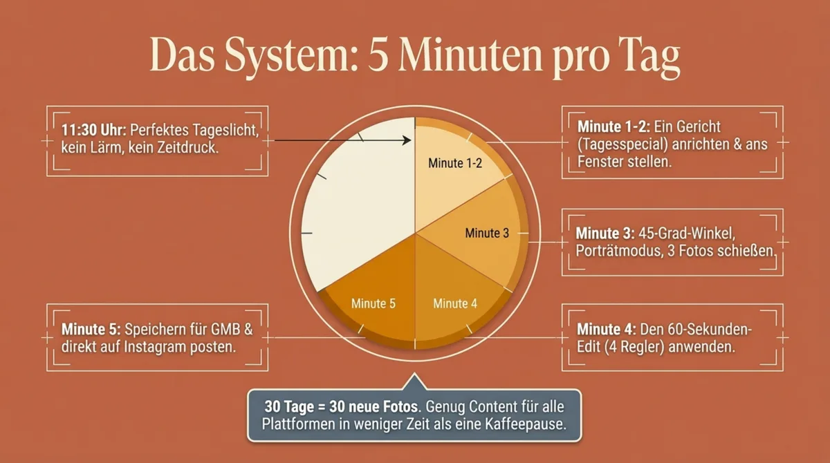 5-Minuten Foto-Routine fuer Restaurants: Anrichten, Fotografieren, Bearbeiten, Posten
