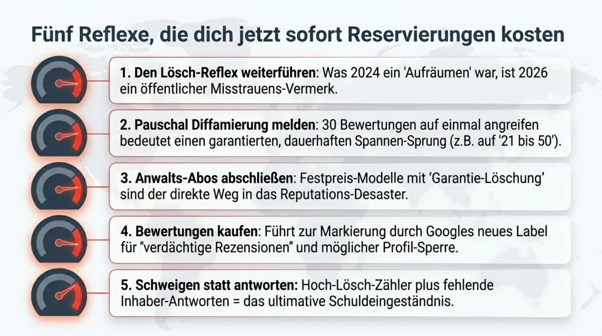 Fünf Reflexe, die Restaurants ab April 2026 sofort Reservierungen kosten: Lösch-Reflex weiterführen, pauschale Diffamierung melden, Anwalts-Abos abschließen, Bewertungen kaufen, Schweigen statt antworten