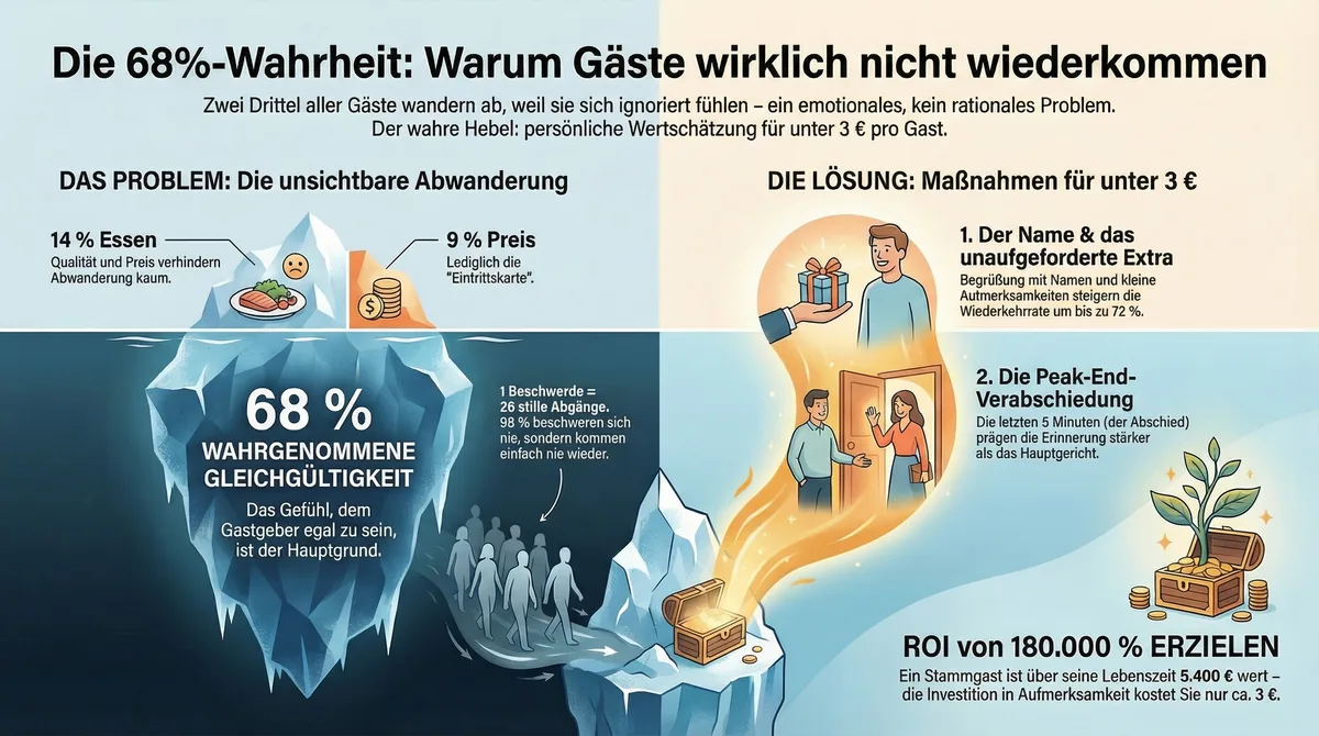 Die 68-Prozent-Wahrheit Infografik: Warum Gäste nicht wiederkommen — Eisberg-Modell zeigt sichtbare und unsichtbare Gründe der Abwanderung plus 5 Gegenmittel für unter 3 Euro