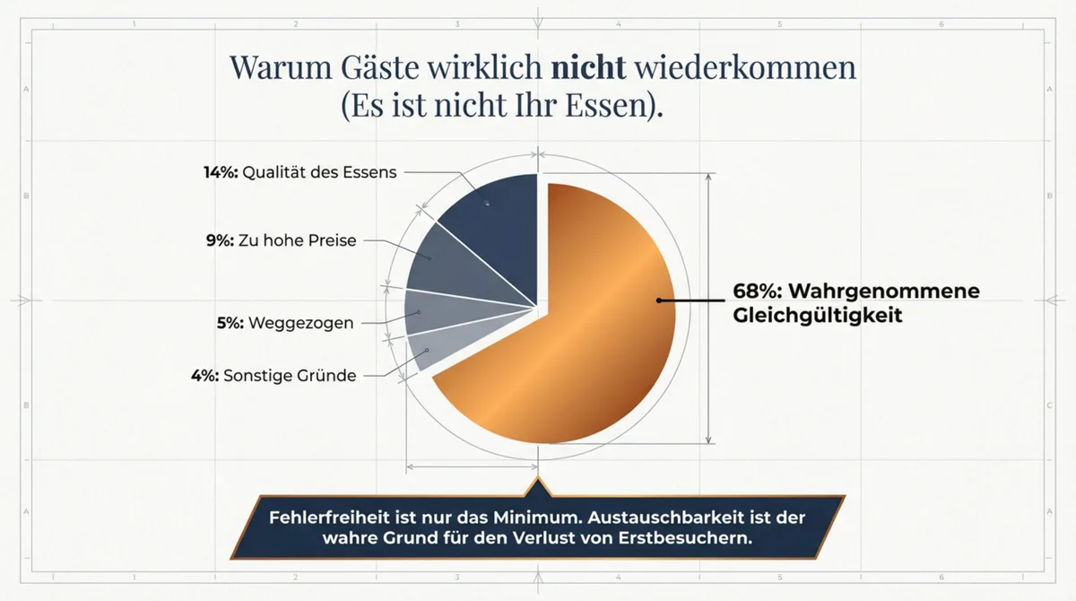 Warum Gäste nicht wiederkommen: 68% verlassen ein Restaurant wegen wahrgenommener Gleichgültigkeit – Kreisdiagramm Gründe