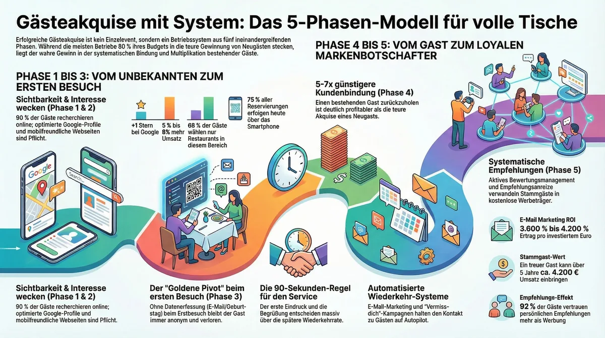 Gästeakquise mit System: Das 5-Phasen-Modell für volle Tische – alle Phasen mit Statistiken und konkreten Hebeln