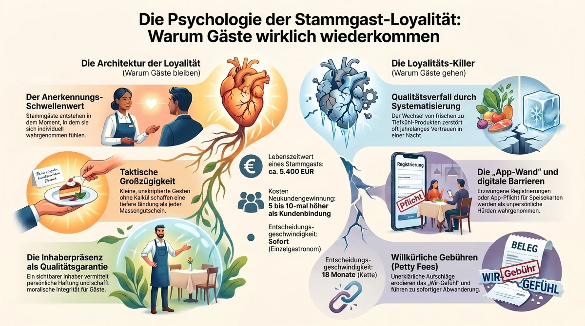 Infografik zur Psychologie der Stammgast-Loyalität im Restaurant: Anerkennungs-Schwellenwert, Taktische Großzügigkeit, Inhaberpräsenz, 5.400 EUR Lifetime Value und die fünf Loyalitätskiller