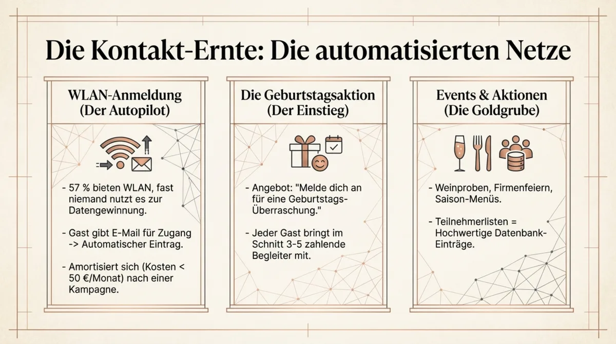 Automatisierte Kontakt-Ernte: WLAN-Anmeldung, Geburtstagsaktionen und Events als Datenquellen