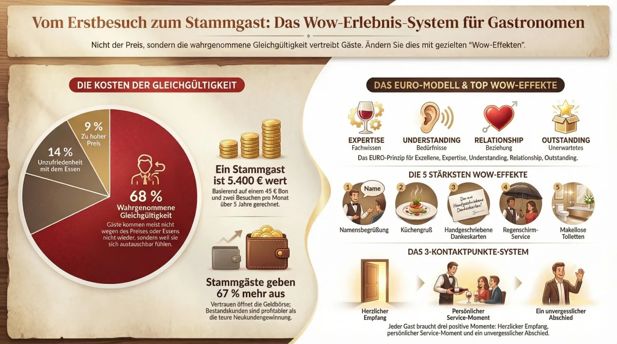 Infografik: Gasterlebnis Restaurant verbessern – EURO-Modell, 68%-Statistik und 5 Top Wow-Effekte für Stammgäste
