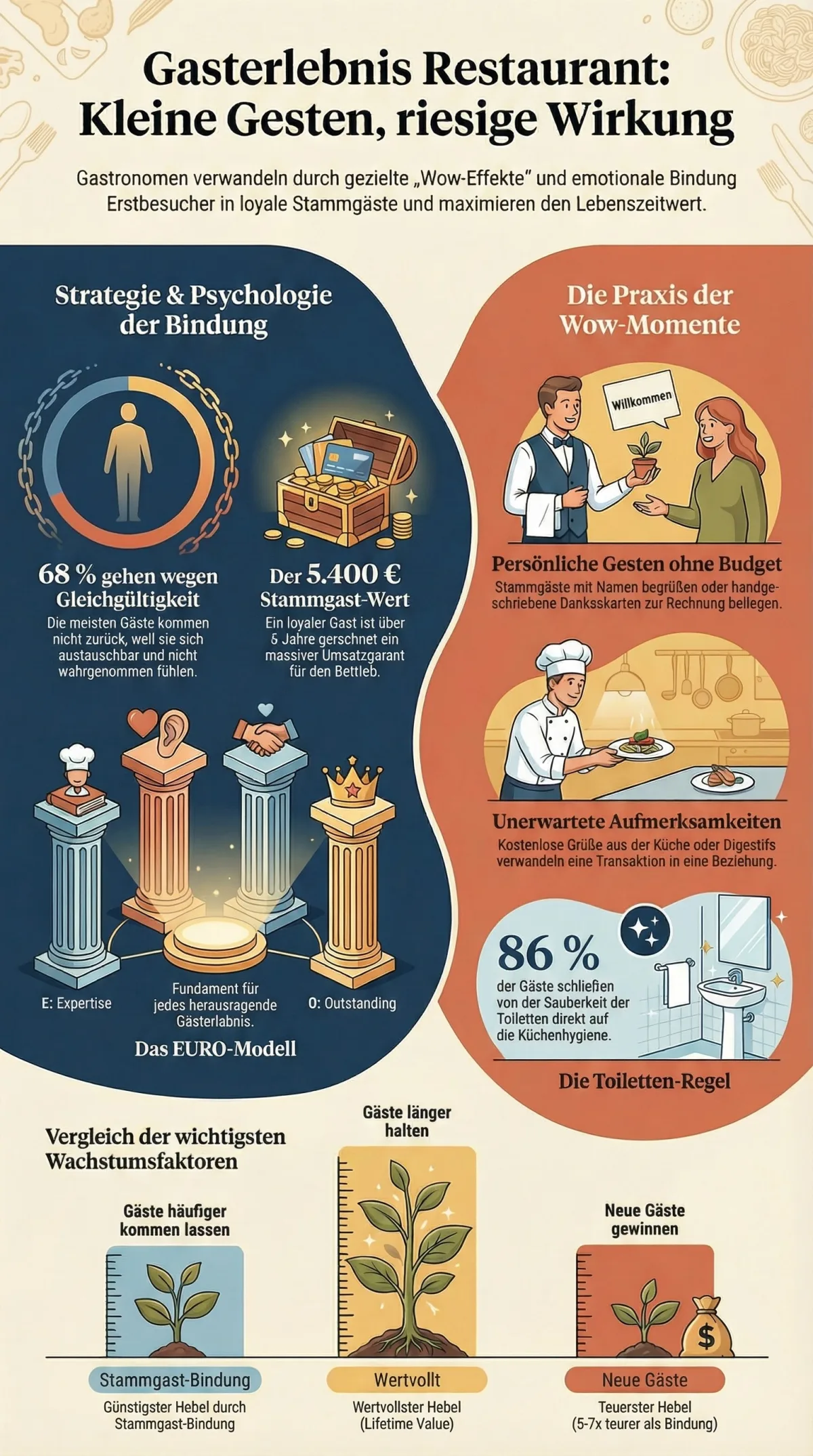 Infografik: Kleine Gesten im Restaurant mit großer Wirkung – Stammgast-Strategie, EURO-Modell und Toiletten-Regel