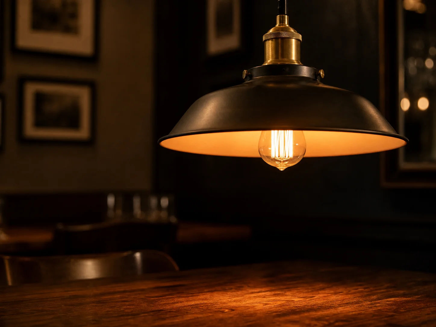 Restaurant-Pendelleuchte mit warmem 2700 Kelvin Lichtkegel über dunklem Holztisch, Messing-Detail