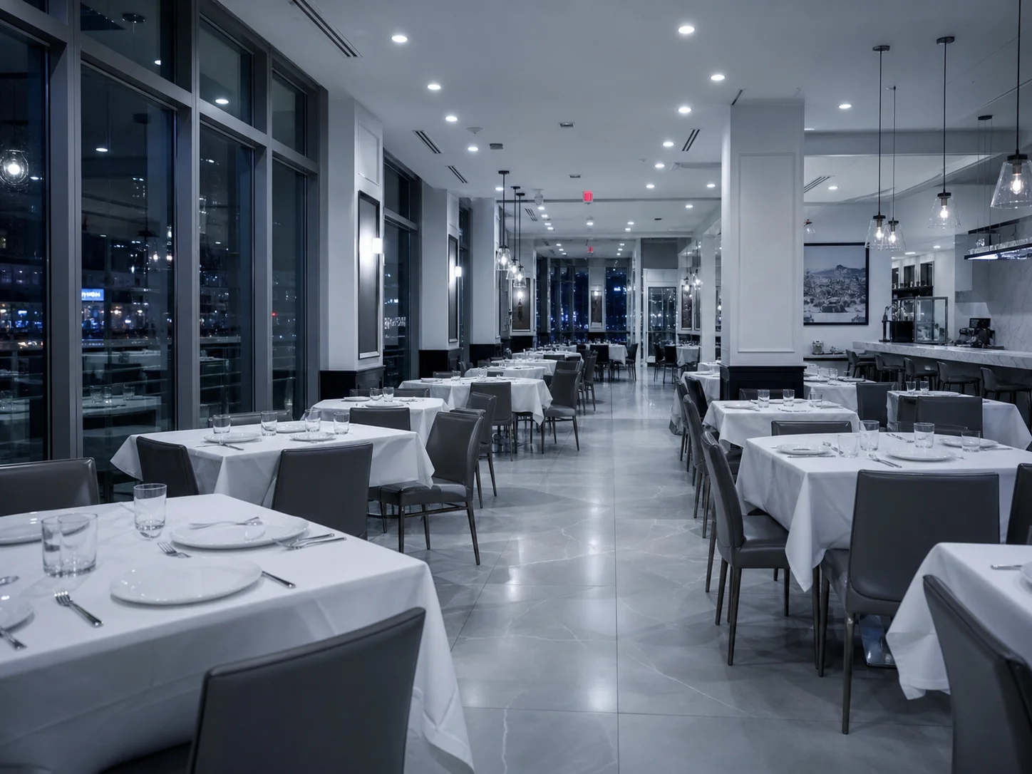 Restaurant-Gastraum im Abend, geflutet mit kühlem 4000 Kelvin Neutralweiß-Licht, klinische Atmosphäre
