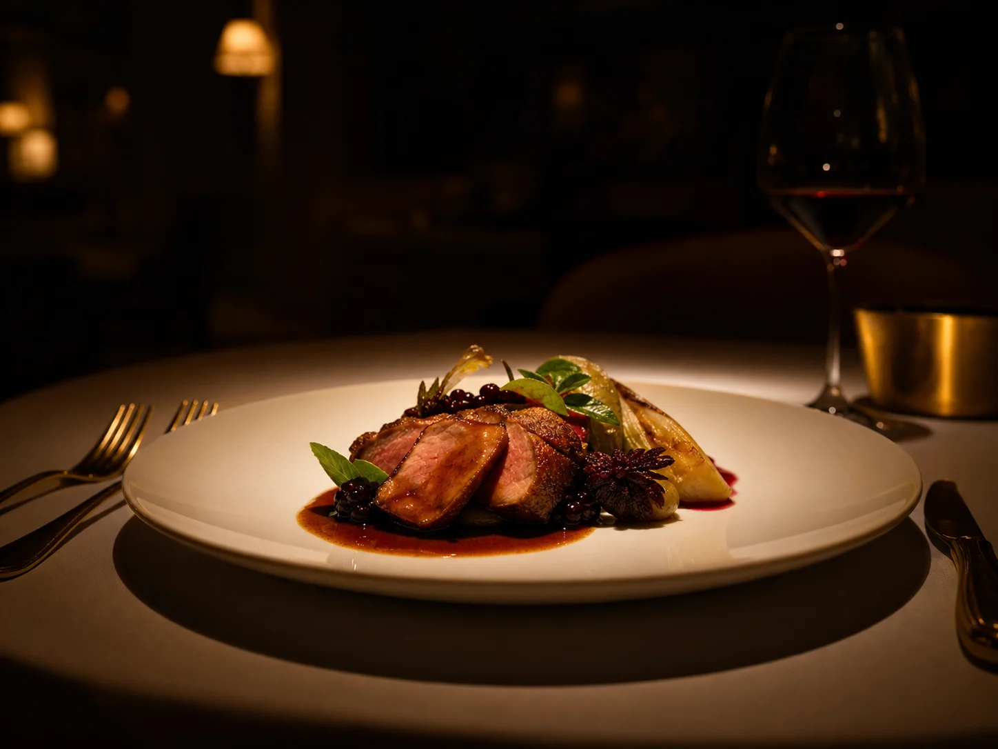 Fine-Dining-Tisch im verdunkelten Restaurant mit fokussiertem 2000 Kelvin Spot auf dem Tellerinhalt