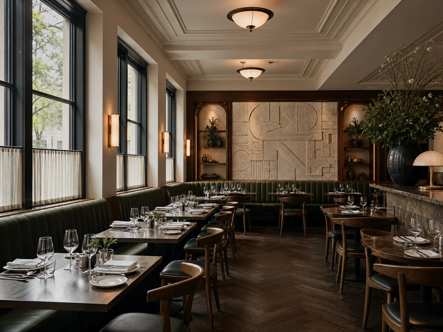 Leerer eleganter Restaurant-Innenraum im Tageslicht aus Eck-Perspektive, neutrale Material-Textur sichtbar