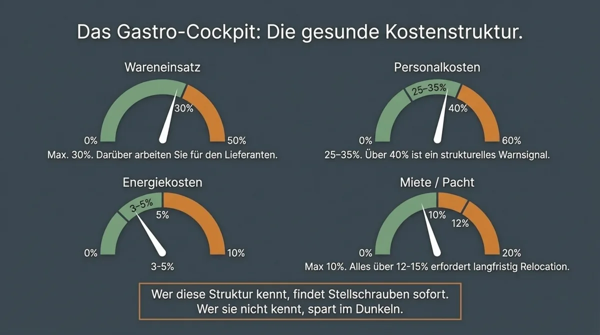 Gastro-Cockpit: Gesunde Kostenstruktur mit Richtwerten – Wareneinsatz max. 30%, Personalkosten 25–35%, Energie 3–5%, Miete max. 10%
