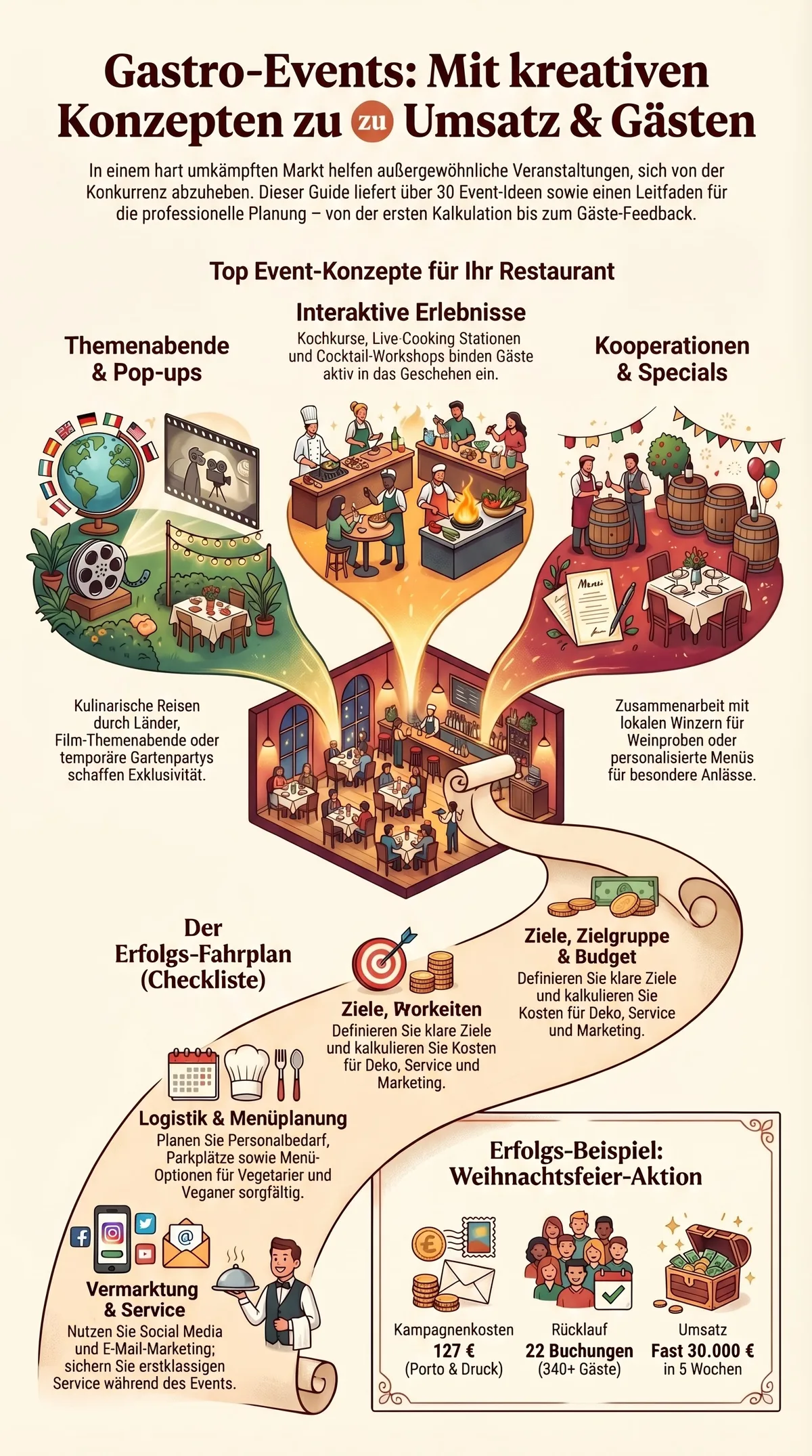 Gastro-Events Infografik: Kreative Event-Konzepte, Planung und Erfolgsbeispiel mit 30.000 Euro Umsatz in 5 Wochen