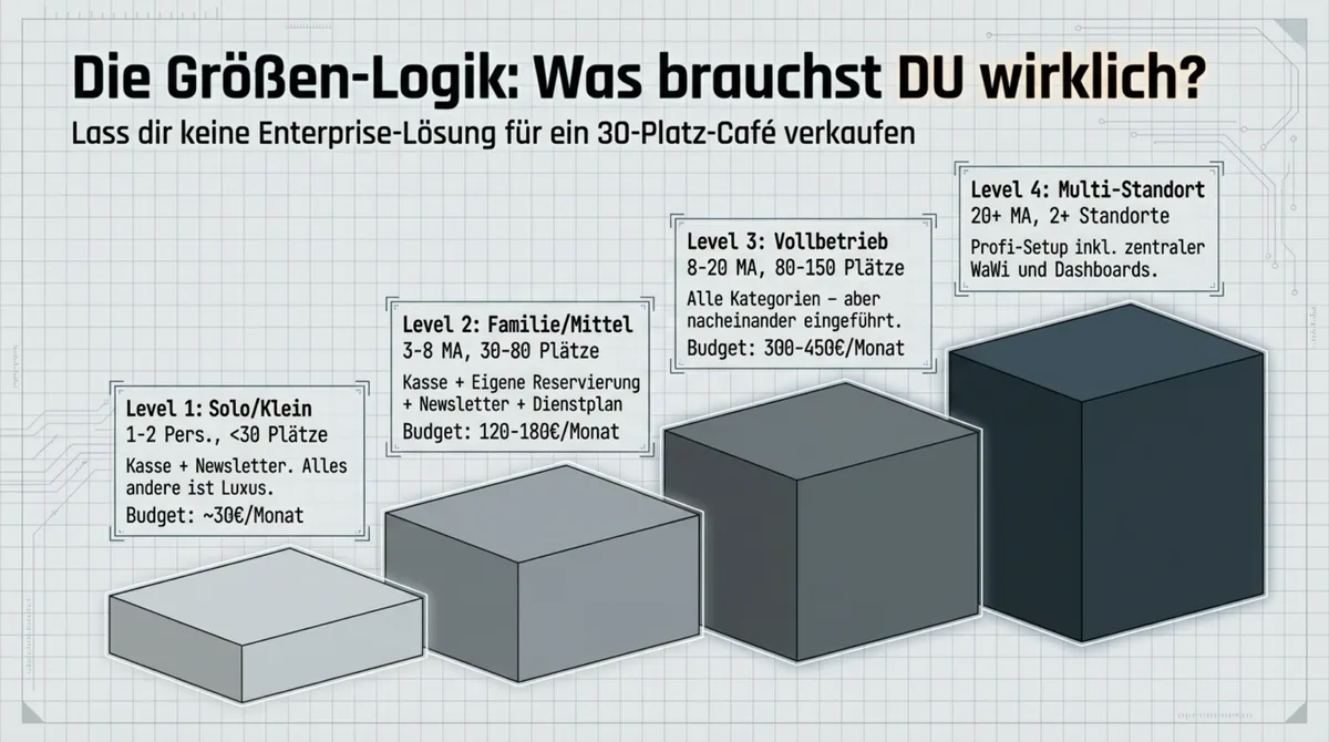 Gastro-Software nach Restaurantgröße: Solo-Betrieb ab 30 Euro, Familienbetrieb ab 120 Euro, Vollbetrieb ab 300 Euro, Multi-Standort ab 450 Euro pro Monat
