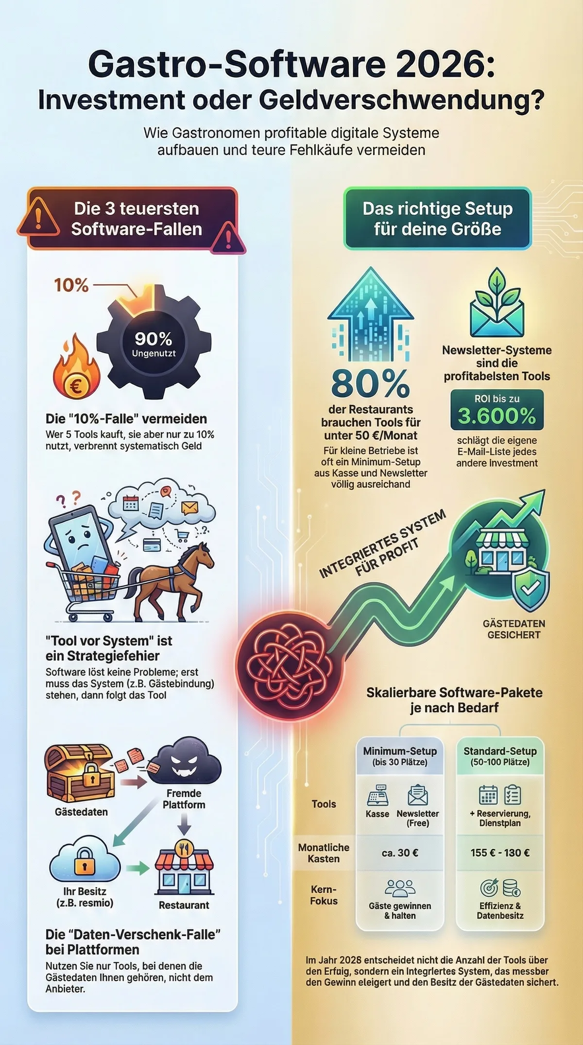 Gastro-Software 2026: Investment oder Geldverschwendung? Die 3 Software-Fallen und das richtige Setup als Infografik