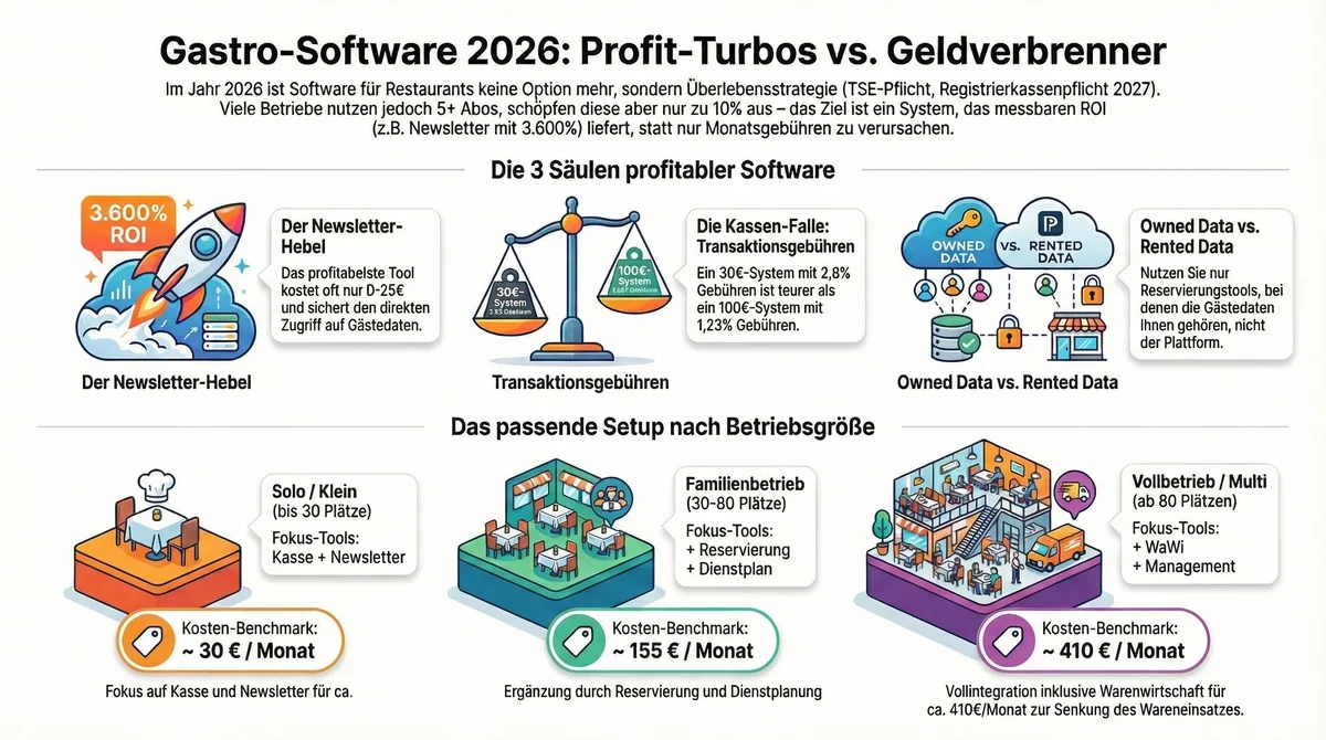 Gastro-Software 2026 Übersicht: Newsletter-Hebel, Transaktionsgebühren-Vergleich und Setup nach Restaurantgröße