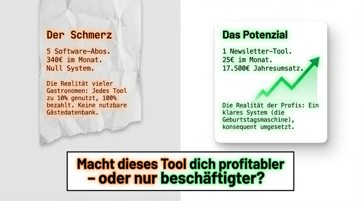 Gastro-Software Vergleich: Der Schmerz von 340 Euro monatlich für ungenutzte Tools versus das Potenzial von 17.500 Euro Jahresumsatz durch ein 25-Euro-Newsletter-Tool
