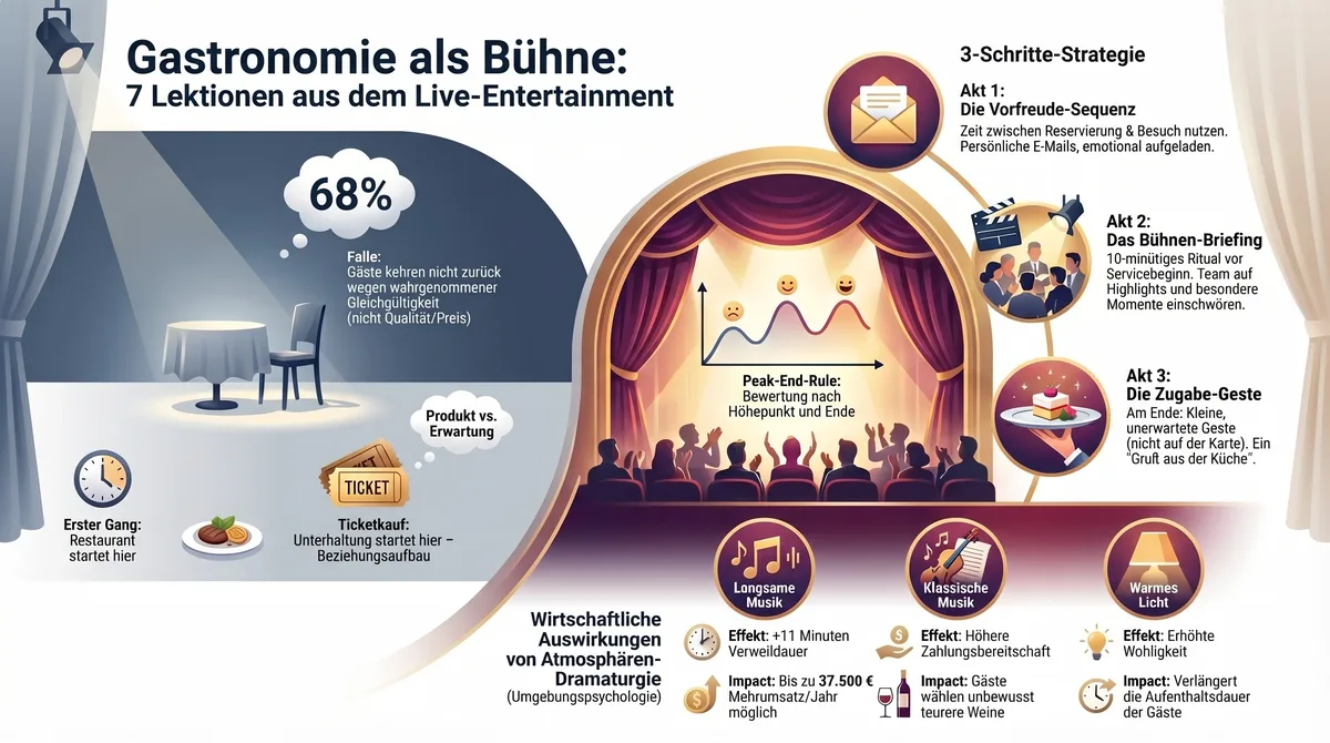 Gastronomie als Bühne Infografik: 7 Lektionen aus dem Live Entertainment – Vorfreude-Sequenz, Peak-End-Rule, Atmosphären-Dramaturgie