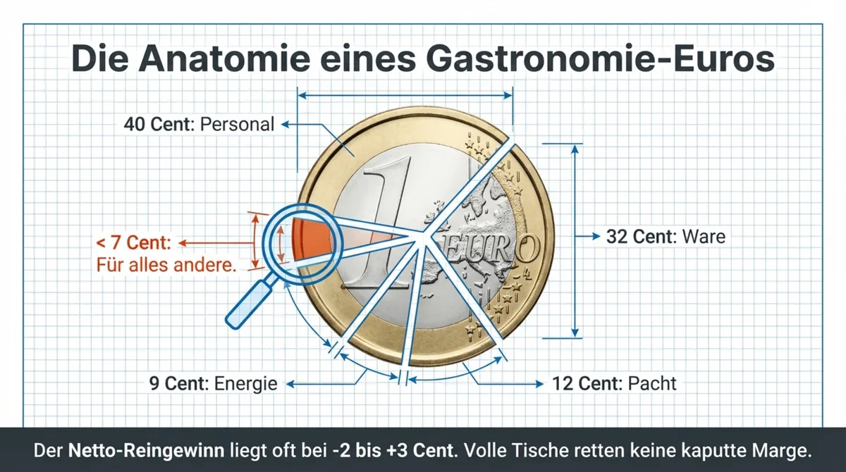 Die Anatomie eines Gastronomie-Euros: 40 Cent Personal, 32 Cent Ware, 9 Cent Energie, 12 Cent Pacht