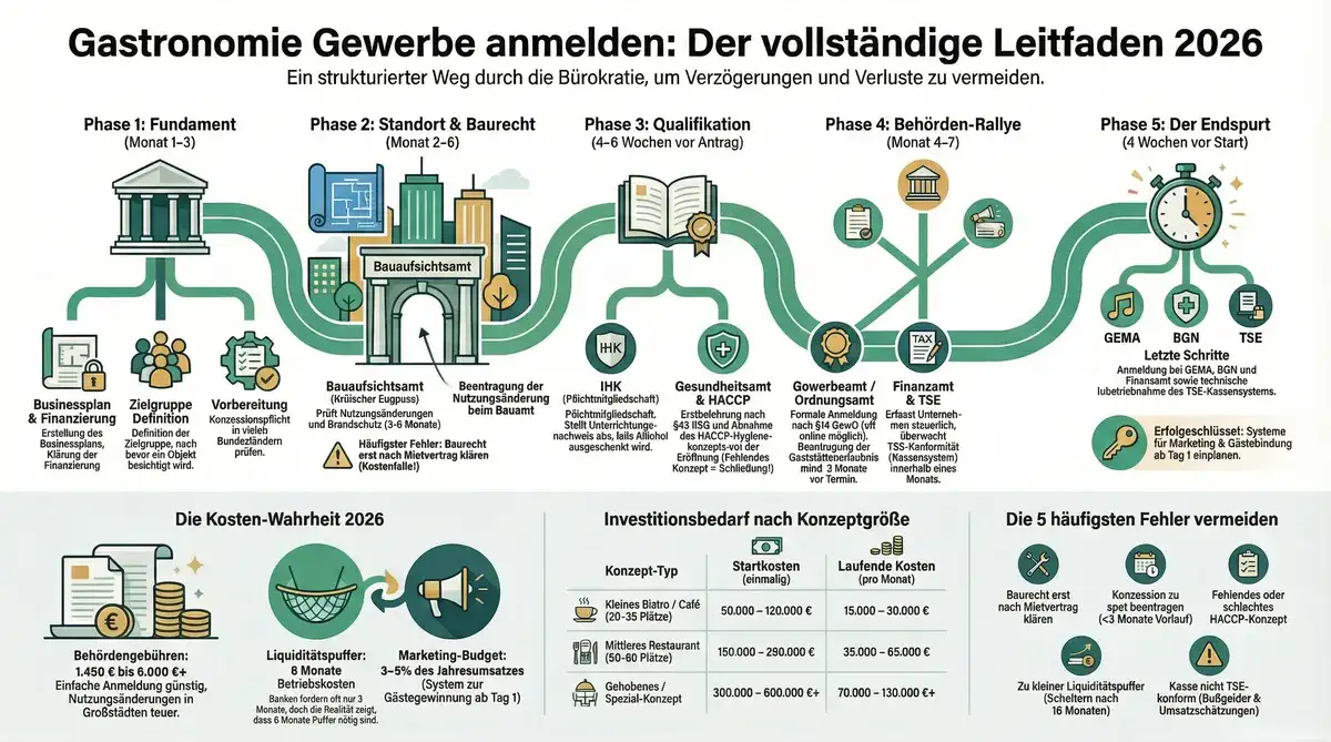 Gastronomie Gewerbe anmelden Leitfaden: Der vollständige Weg von der Idee bis zur Eröffnung in 5 Phasen