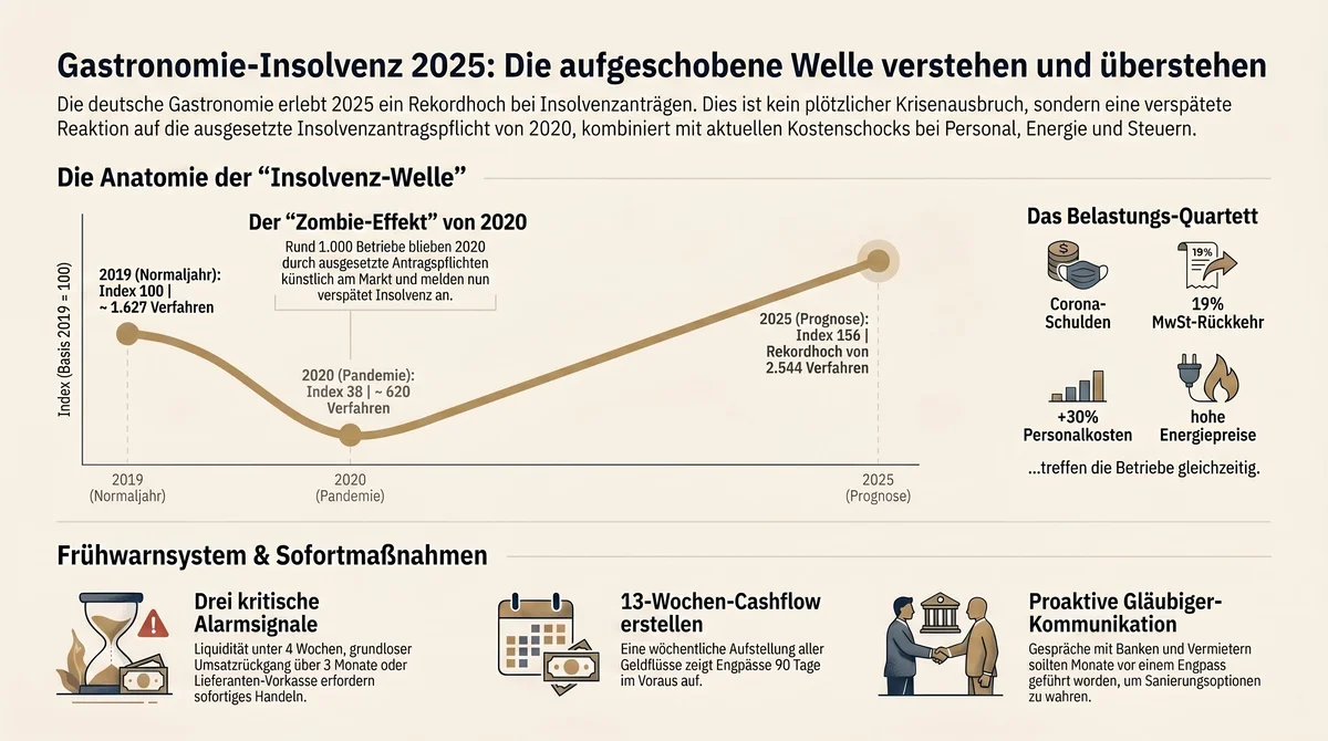 Gastronomie Insolvenz 2025 Infografik Anatomie der aufgeschobenen Welle Frühwarnsignale Überblick