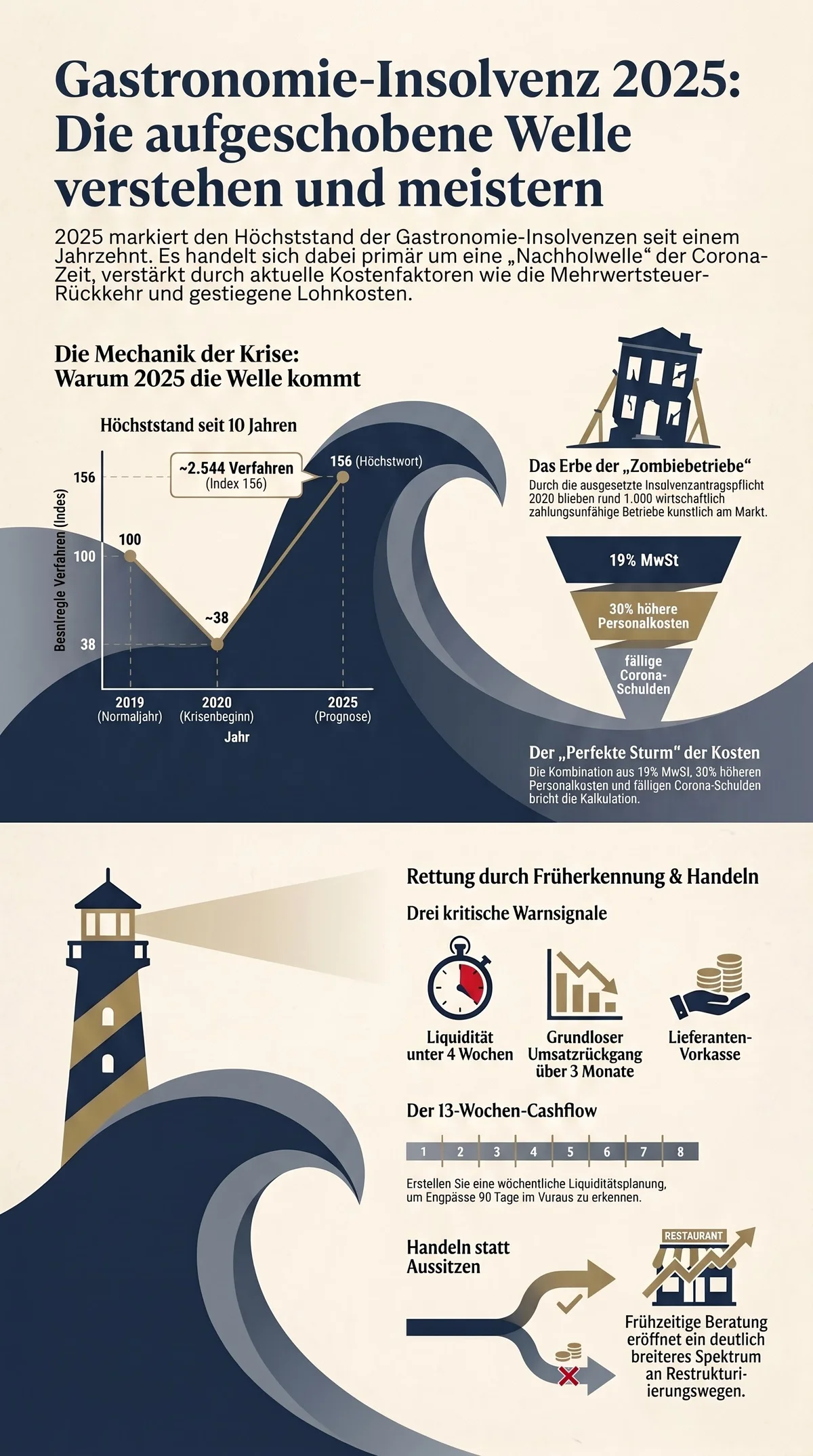 Gastronomie Insolvenz 2025 Infografik Früherkennung Warnsignale und Sofortmaßnahmen Überblick