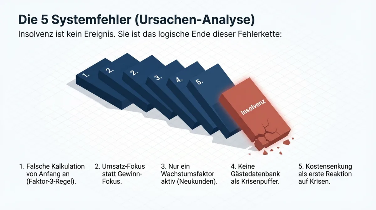 Gastronomie-Insolvenz Ursachen: 5 Systemfehler als Dominokette – von falscher Kalkulation bis zum Kollaps