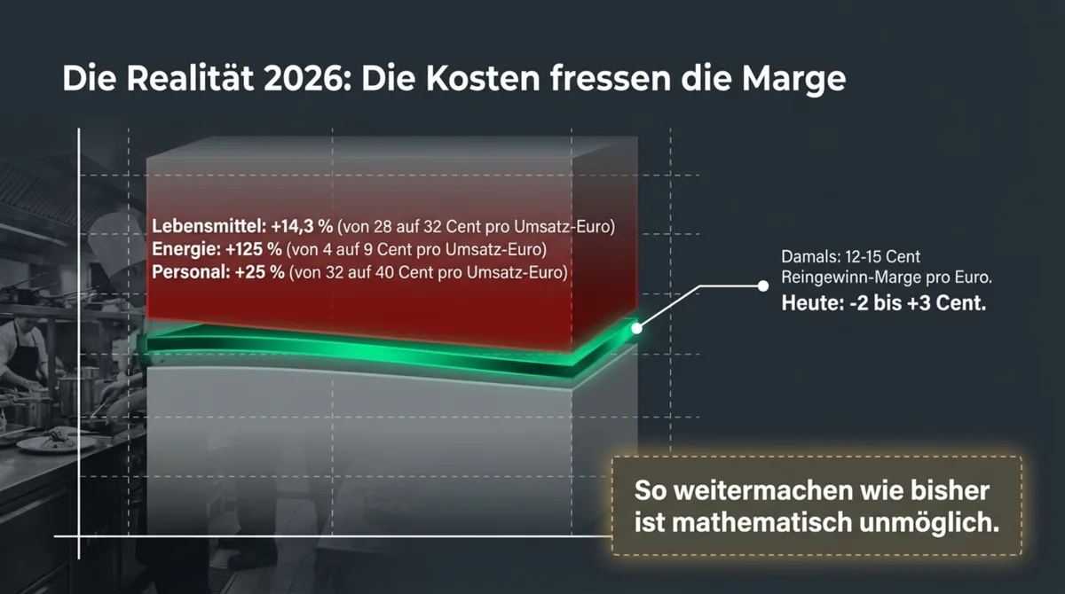 Infografik Gastronomie Kosten 2026: Lebensmittel +14%, Energie +125%, Personal +25% drücken die Reingewinn-Marge auf –2 bis +3 Cent