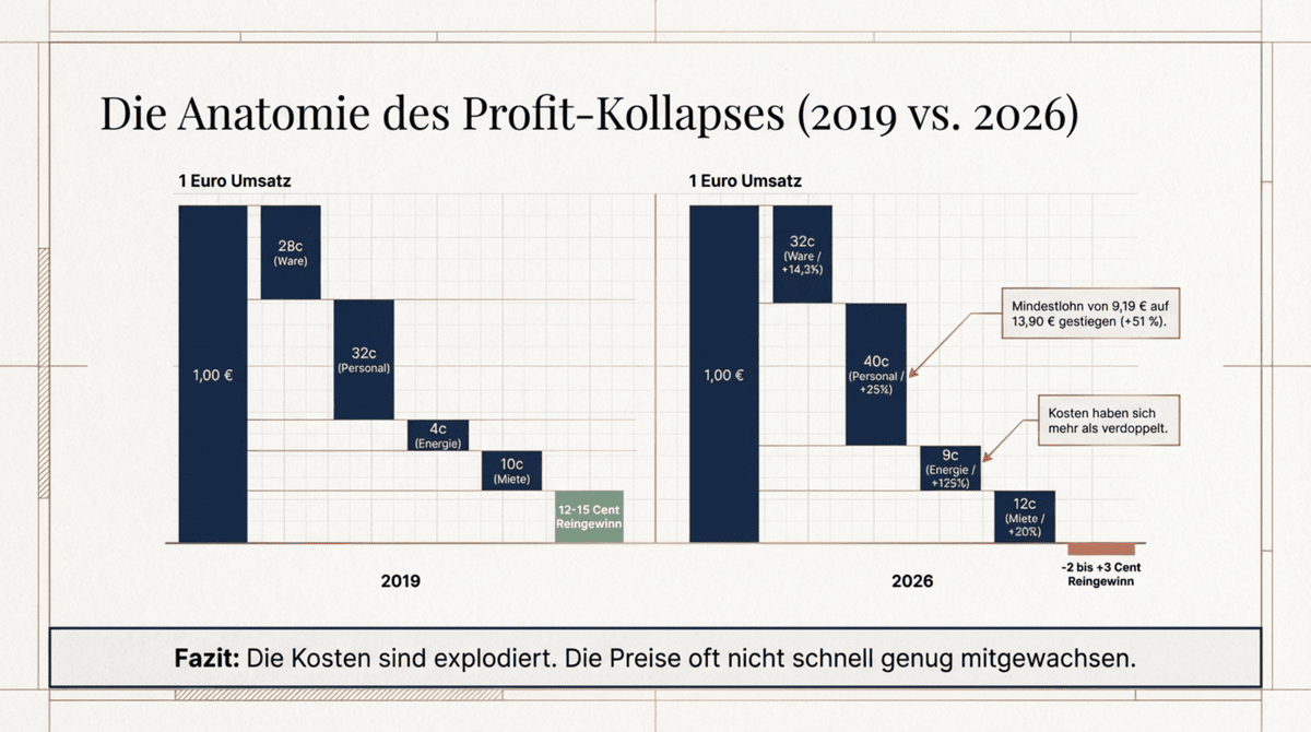 Anatomie des Profit-Kollapses in der Gastronomie: Kostenvergleich 2019 vs 2026 zeigt Wareneinsatz plus 14 Prozent, Personalkosten plus 25 Prozent, Energiekosten plus 125 Prozent und nur noch minus 2 bis plus 3 Cent Reingewinn pro Euro Umsatz