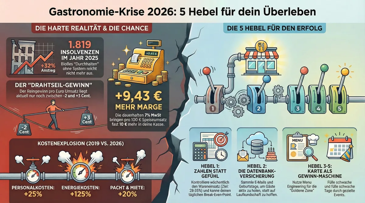 Gastronomie-Krise 2026 Infografik: Die harte Realität, Kostenexplosion und die 5 Hebel für dein Überleben