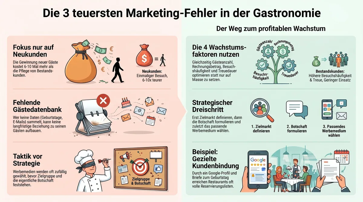 Die 3 teuersten Gastronomie Marketing Fehler im Überblick: Fokus auf Neukunden, fehlende Gästedatenbank, Taktik vor Strategie