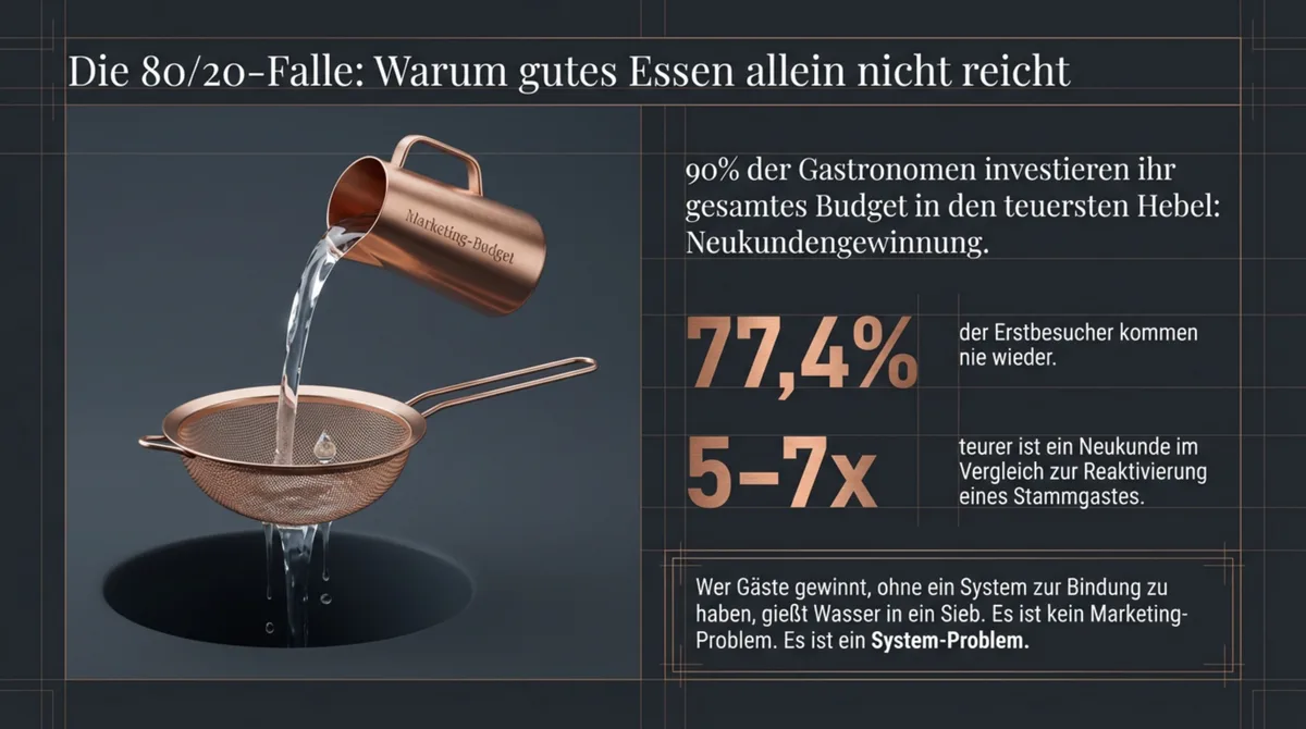 Gastronomie Marketing – Die 80/20-Falle: 77,4% der Erstbesucher kommen nie wieder, Neukunden sind 5-7x teurer als Stammgäste