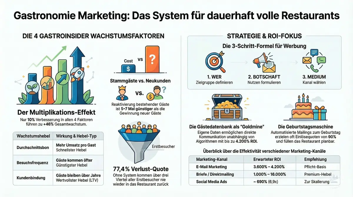 Gastronomie Marketing Infografik: 4 GastroInsider Wachstumsfaktoren, Stammgäste vs. Neukunden, 3-Schritt-Formel und ROI-Kanalvergleich