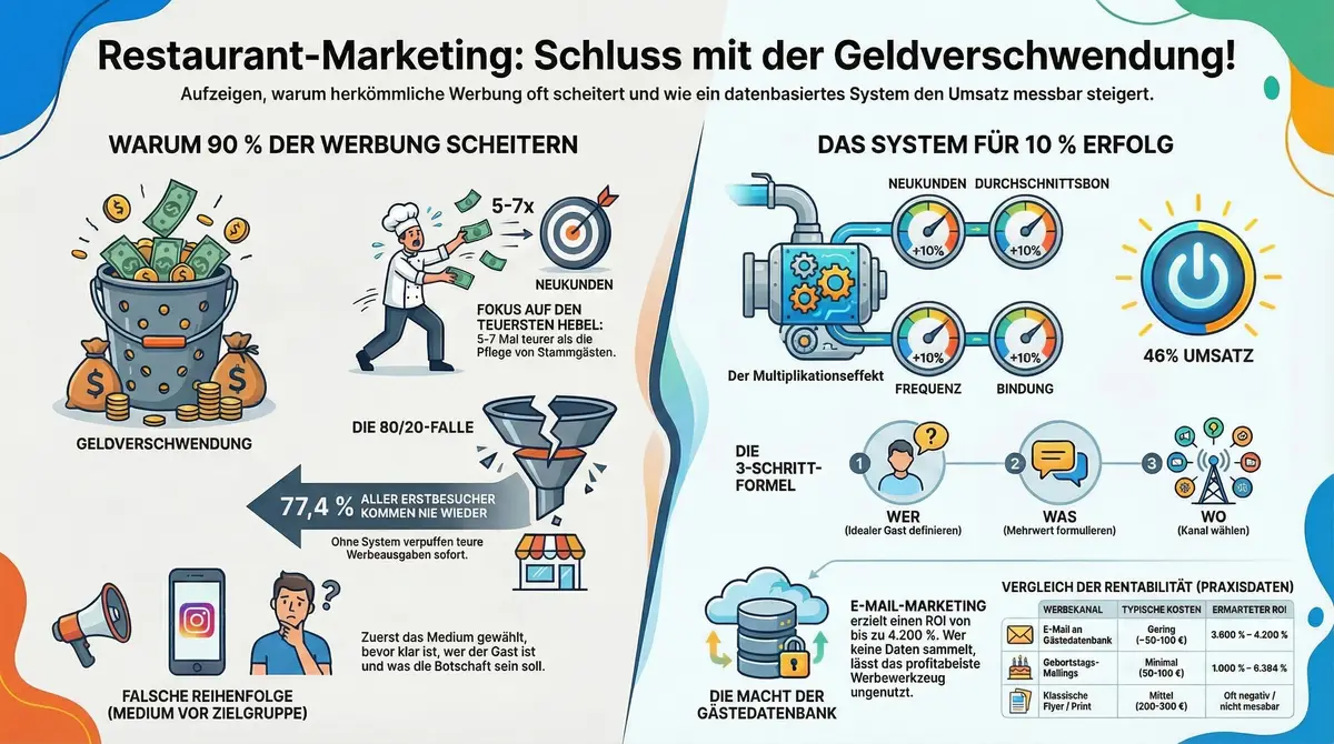 Gastronomie Marketing Kanal-Vergleich: ROI-Übersicht E-Mail-Marketing, Briefe, Social Media Ads und Google – welcher Kanal was bringt