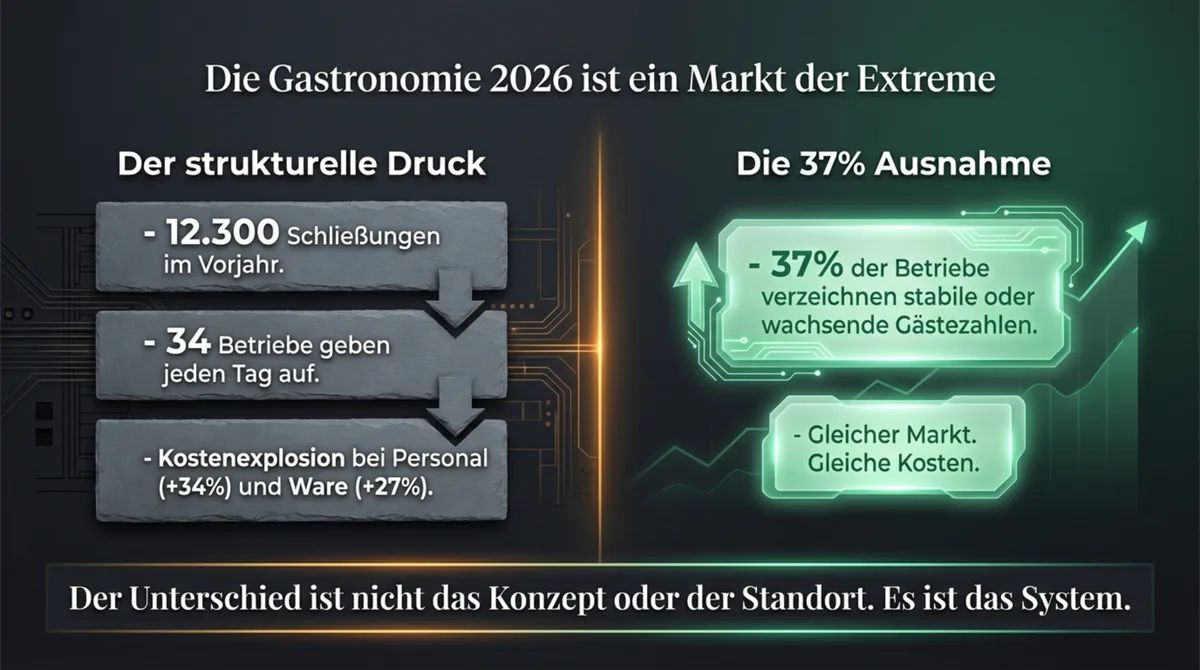 Gastronomie Markt 2026: 12.300 Schließungen und 34 Betriebe pro Tag – aber 37% mit stabilen oder wachsenden Gästezahlen