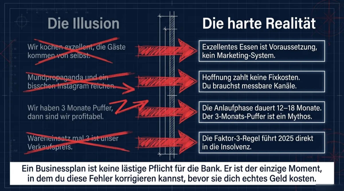 Infografik: Die Illusion vs. die harte Realität bei Gastronomie-Businessplänen — warum Mundpropaganda und Faktor-3 nicht reichen