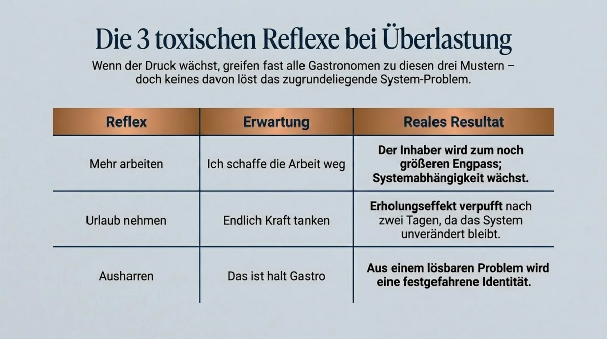 Tabelle: Die drei toxischen Stress-Reflexe in der Gastronomie – Mehr arbeiten, Urlaub, Ausharren und ihre realen Konsequenzen